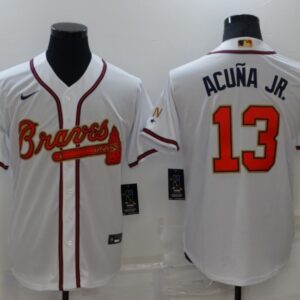 MLB Braves 13 Ronald Acuna 2022 White Gold Nike Cool Base Men Jersey