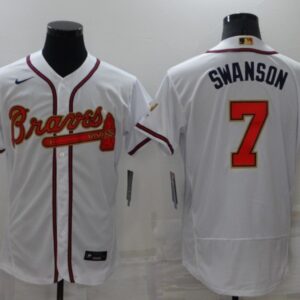 MLB Braves 7 Dansby Swanson 2022 White Gold Nike Flexbase Men Jersey