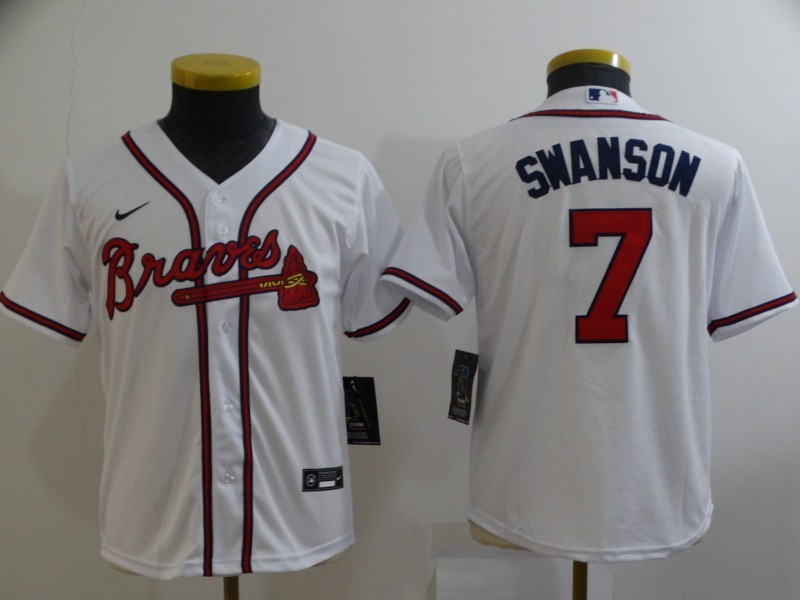 MLB Braves 7 Dansby Swanson White Nike Cool Base Youth Jersey
