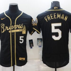 MLB Braves 5 Freddie Freeman Black Gold 2021 Champion Nike Flexbase Men Jersey
