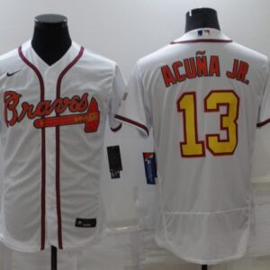MLB Braves 13 Ronald Acuna Jr. White Gold Champion Flexbase Men Jersey