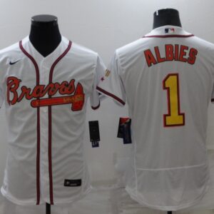 MLB Braves 1 ALBIES White Gold Champion Flexbase Men Jersey