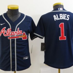 MLB Braves 1 ALBIES Navy Nike Cool Base Youth Jersey