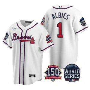 MLB Braves 1 Ozzie Albies White 2021 World Series With 150th Anniversary Patch Cool Base Men Jersey