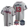 MLB Braves 13 Ronald Acuna Jr. Grey 2021 World Series With 150th Anniversary Patch Cool Base Men Jersey