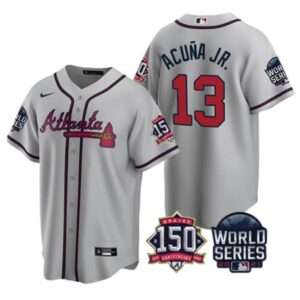 MLB Braves 13 Ronald Acuna Jr. Grey 2021 World Series With 150th Anniversary Patch Cool Base Men Jersey