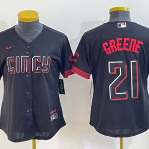 MLB Reds 21 Greene Black 2023 City Connect Nike Cool Base Women Jersey