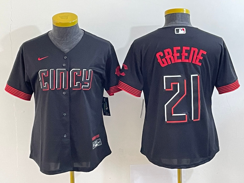 MLB Reds 21 Greene Black 2023 City Connect Nike Cool Base Women Jersey