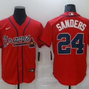 MLB Braves 24 Deion Sanders Red Nike Cool Base Men Jersey