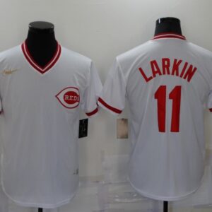 MLB Reds 11 Larkin White Throwback Men Jersey
