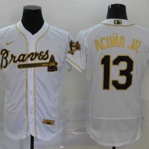 MLB Braves 13 Ronald Acu?a Jr White Gold 2020 Nike Flexbase Men Jersey