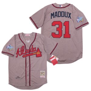 MLB Braves 31 Greg Maddux Gray 1999 World Series Cooperstown Collection Men Jersey