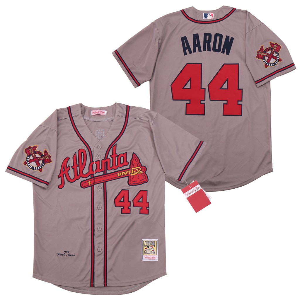 MLB Braves 44 Hank Aaron Gray 1974 Cooperstown Collection Men Jersey
