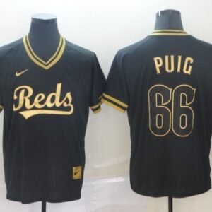 MLB Reds 66 Yasiel Puig Black Gold Nike Cooperstown Legend V Neck Men Jersey