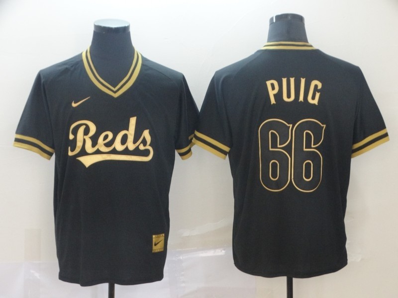 MLB Reds 66 Yasiel Puig Black Gold Nike Cooperstown Legend V Neck Men Jersey