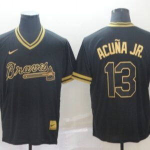 MLB Braves 13 Ronald Acuna Jr Black Gold Nike Cooperstown Legend V Neck Men Jersey