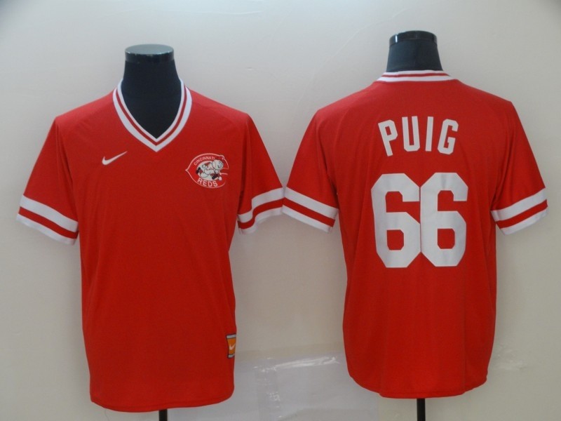 MLB Reds 66 Yasiel Puig Red Nike Cooperstown Collection Legend V-Neck Men Jersey