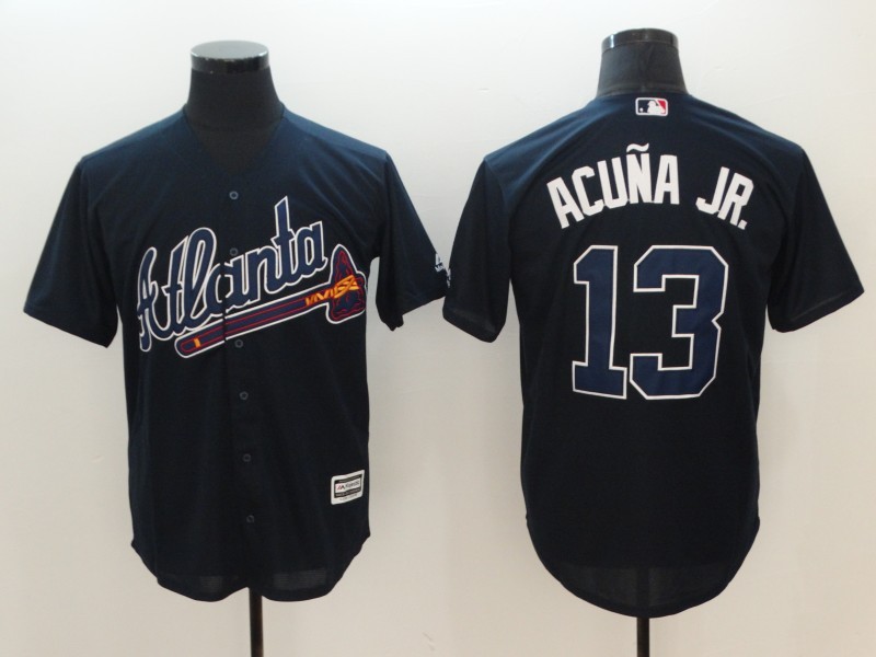MLB Braves 13 Ronald Acuna Jr Navy Blue Cool Base Men Jersey