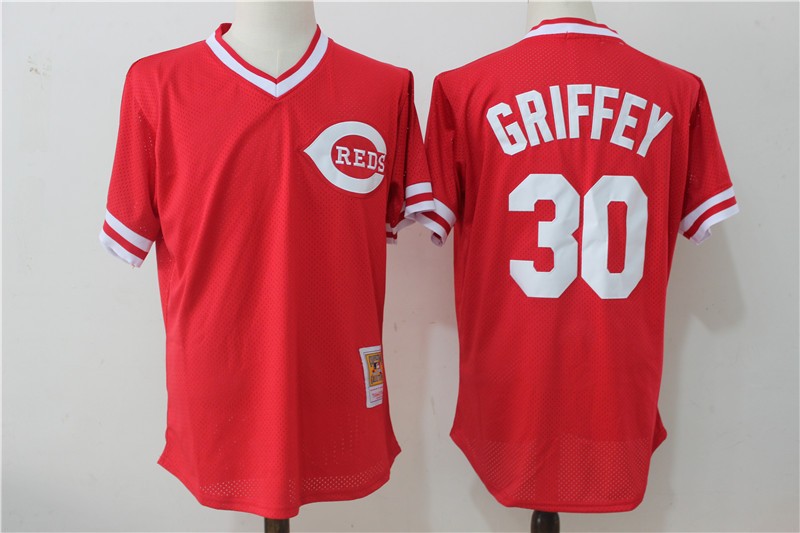 MLB Reds 30 Ken Griffey Red Mitchell and Ness Throwback Men Jersey