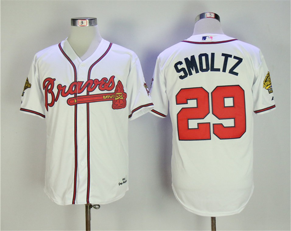 MLB Braves 29 John Smoltz White 1995 Throwback Men Jersey