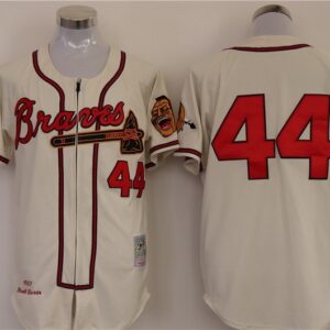 MLB Braves 44 Hank Aaron Cream 1957 Mitchell & Ness Throwback Men Jersey