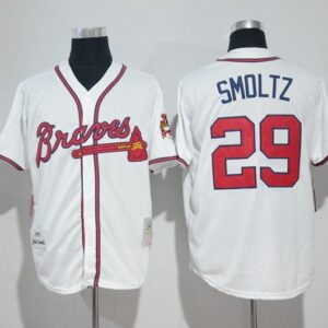 MLB Braves 29 John Smoltz White Mitchell and Ness Throwback Men Jersey