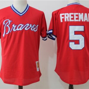 MLB Braves 5 Freddie Freeman Red Mitchell and Ness Throwback Men Jersey
