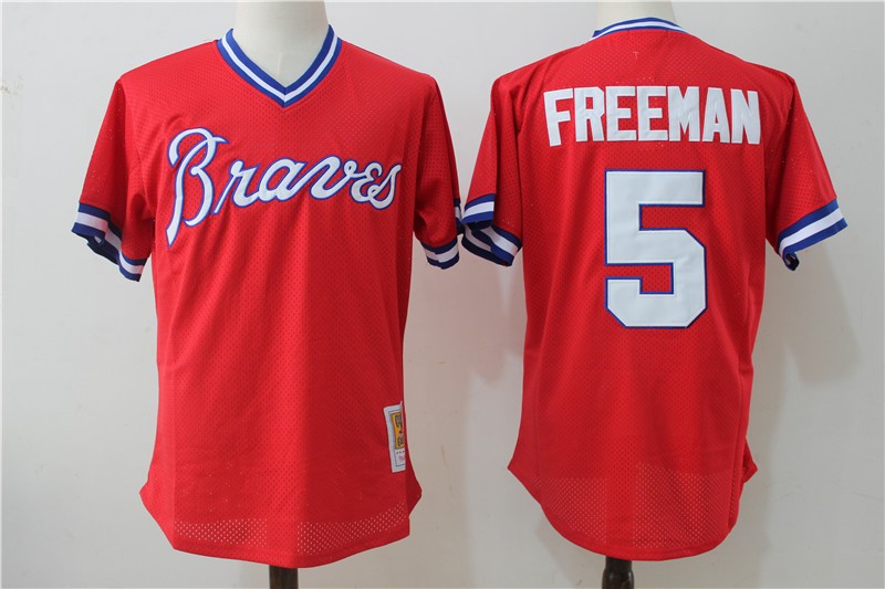 MLB Braves 5 Freddie Freeman Red Mitchell and Ness Throwback Men Jersey