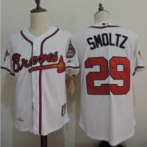 MLB Braves 29 John Smoltz White 1995 World Series With 2015 Hall Of Fame Patch Men Jersey