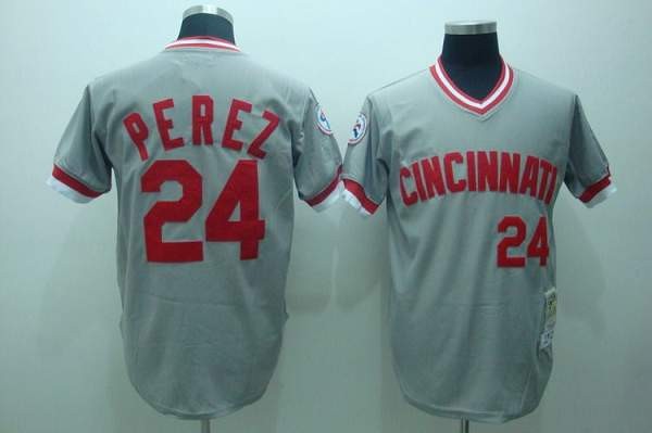 MLB Reds 24 Tony Perez Grey Mitchell and Ness Throwback Men Jersey
