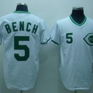 MLB Reds 5 Johnny Bench White Green Patch Mitchell and Ness Throwback Men Jersey