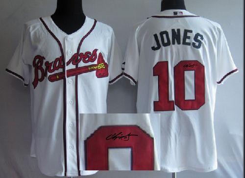 MLB Braves 10 Chipper Jones White Cool Base Autographed Men Jersey