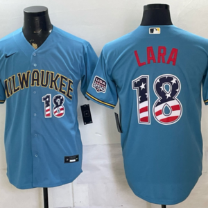 Milwaukee Brewers 18 Lara Blue USA 250 Fourth of July Men Jersey