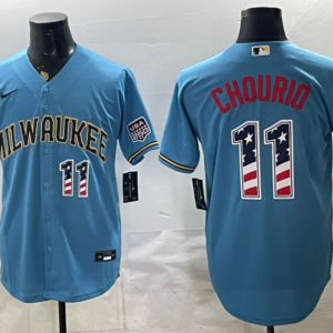 Milwaukee Brewers 11 Jackson Chourio Blue USA 250 Fourth of July Men Jersey