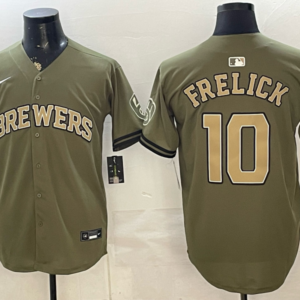 Milwaukee Brewers 10 Sal Frelick Olive Salute to Service Cool Base Men Jersey
