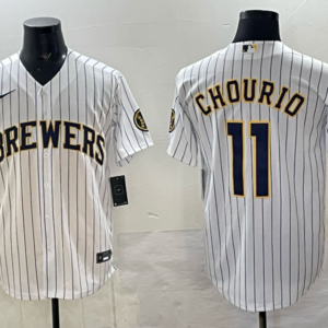 MLB Brewers 11 Chourio White Nike Cool Base Men Jersey