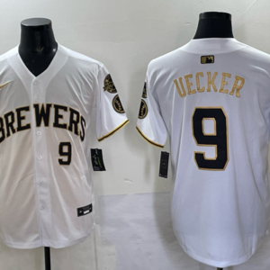 MLB Brewers 9 Uecker White Gold Nike Cool Base Men Jersey