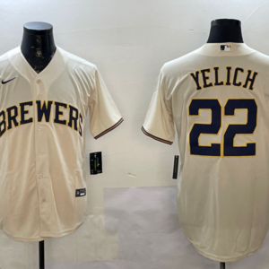 MLB Brewers 22 Christian Yelich Cream Nike Cool Base Men Jersey