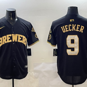 MLB Brewers 9 Uecker Black Gold Nike Cool Base Men Jersey