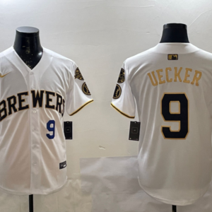 MLB Brewers 9 Uecker White Gold Nike Cool Base Men Jersey