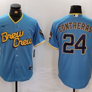 MLB Brewers 24 William Contreras Blue Nike Cool Base Men Jersey