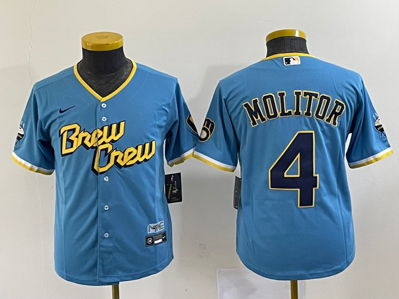 MLB Brewers 4 Paul Molitor Powder Blue City Connect Nike Cool Base Youth Jersey