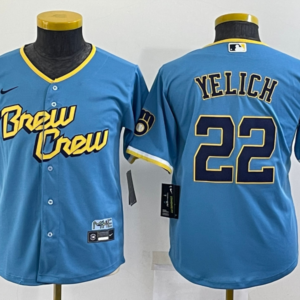 MLB Brewers 22 Christian Yelich Powder Blue 2021 City Connect Cool Base Youth Jersey