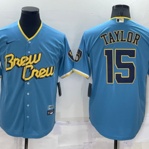 MLB Brewers 15 Tyrone Taylor Powder Blue 2021 City Connect Nike Cool Base Men Jersey