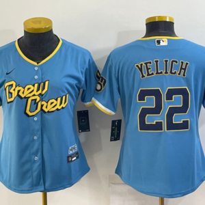 MLB Brewers 22 Christian Yelich Powder Blue 2021 City Connect Cool Base Women Jersey