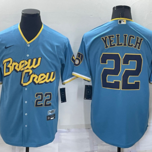 MLB Brewers 22 Christian Yelich Powder Blue 2021 City Connect Nike Cool Base Men Jersey
