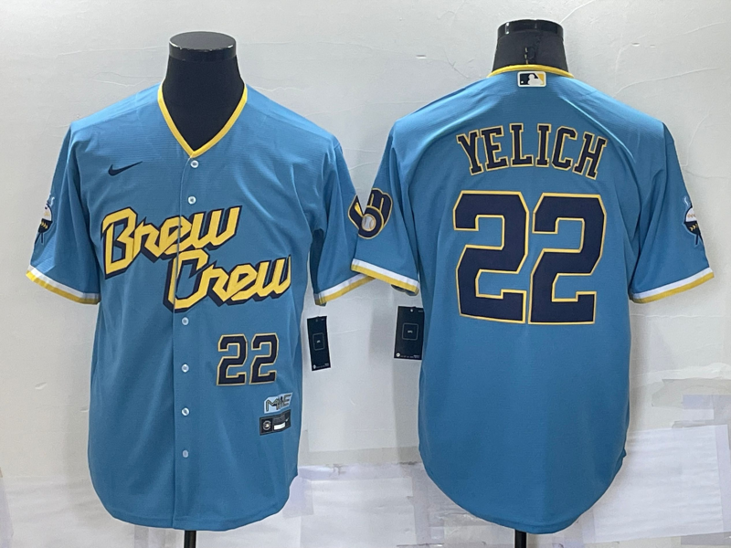 MLB Brewers 22 Christian Yelich Powder Blue 2021 City Connect Nike Cool Base Men Jersey