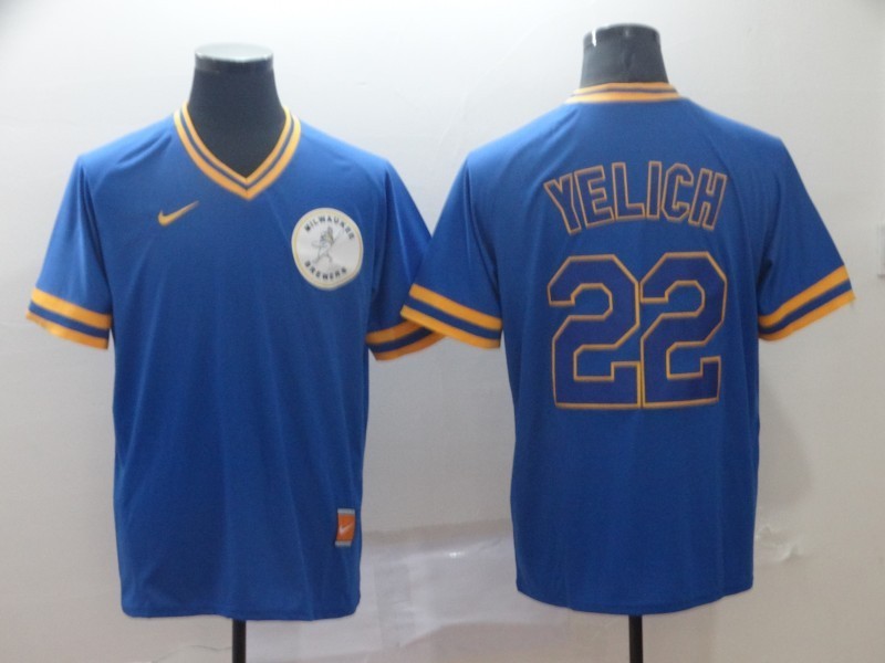 MLB Brewers 22 Christian Yelich Blue Nike Cool Base Men Jersey