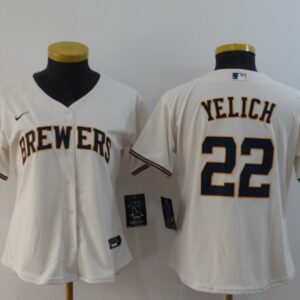 MLB Brewers 22 Christian Yelich White 2020 Nike Cool Base Women Jersey(Run Small)