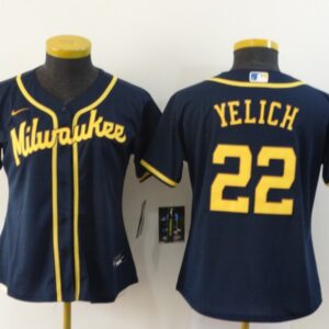 MLB Brewers 22 Christian Yelich Navy 2020 Nike Cool Base Women Jersey